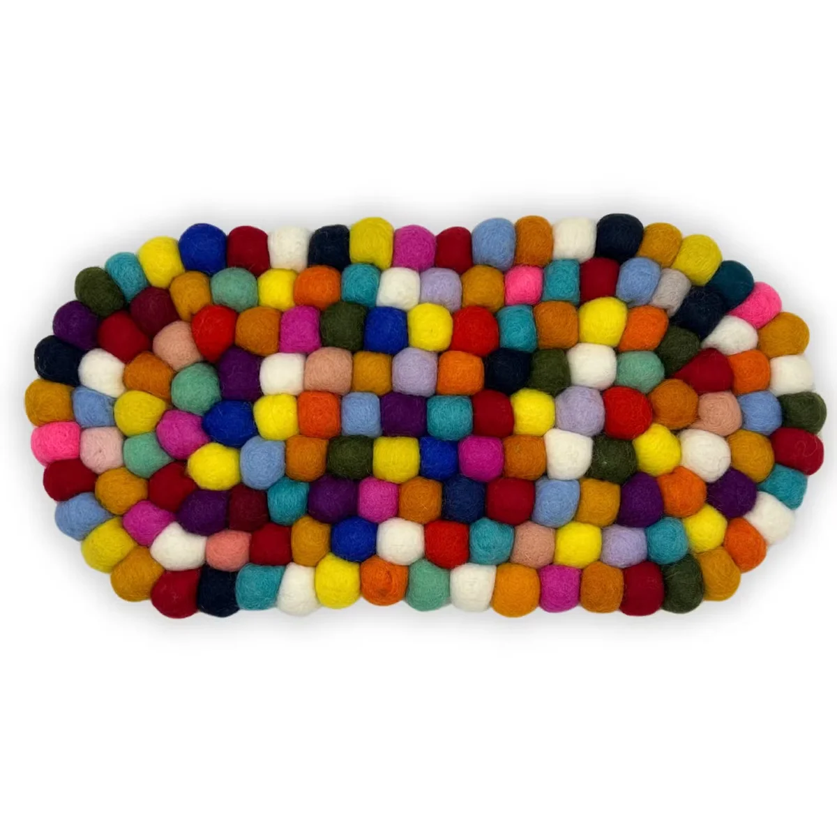 Oval multi-colour felt ball centre mat showcasing felt ball decor in vibrant hues, perfect for table decoration