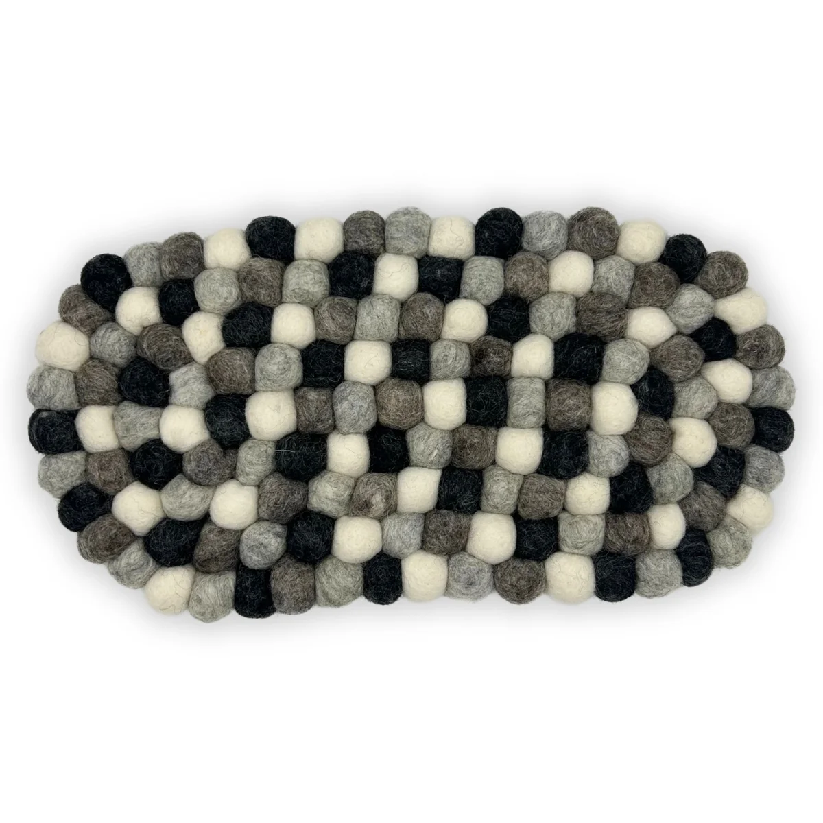 Oval felt ball centre mat in multi grey colours displayed flat on a white background