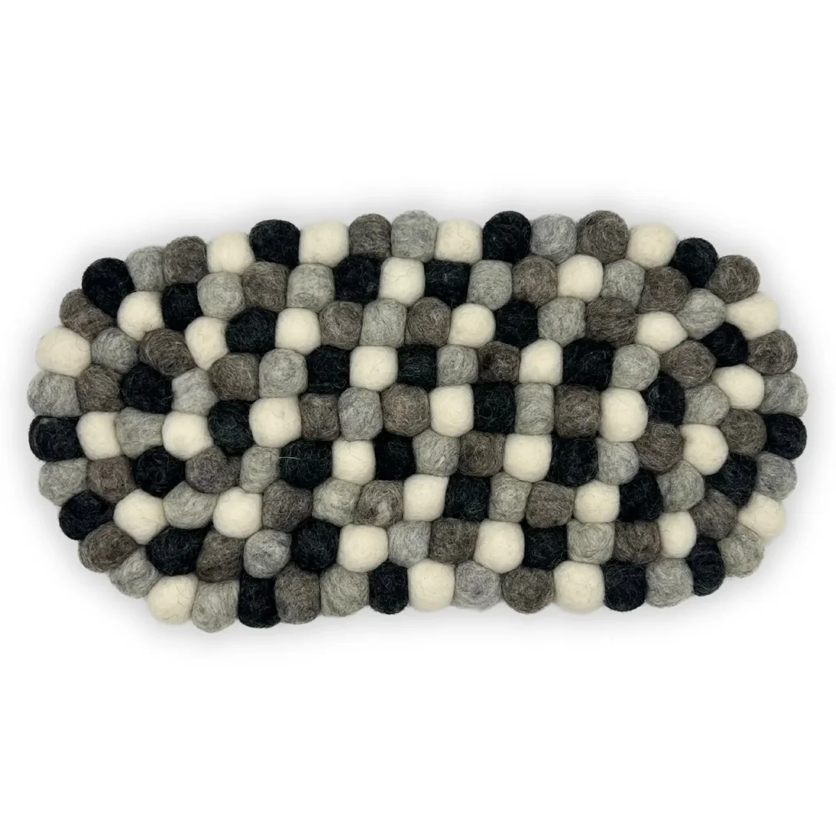 Oval centre mat made of multi grey felt balls arranged in an oval shape on a white background