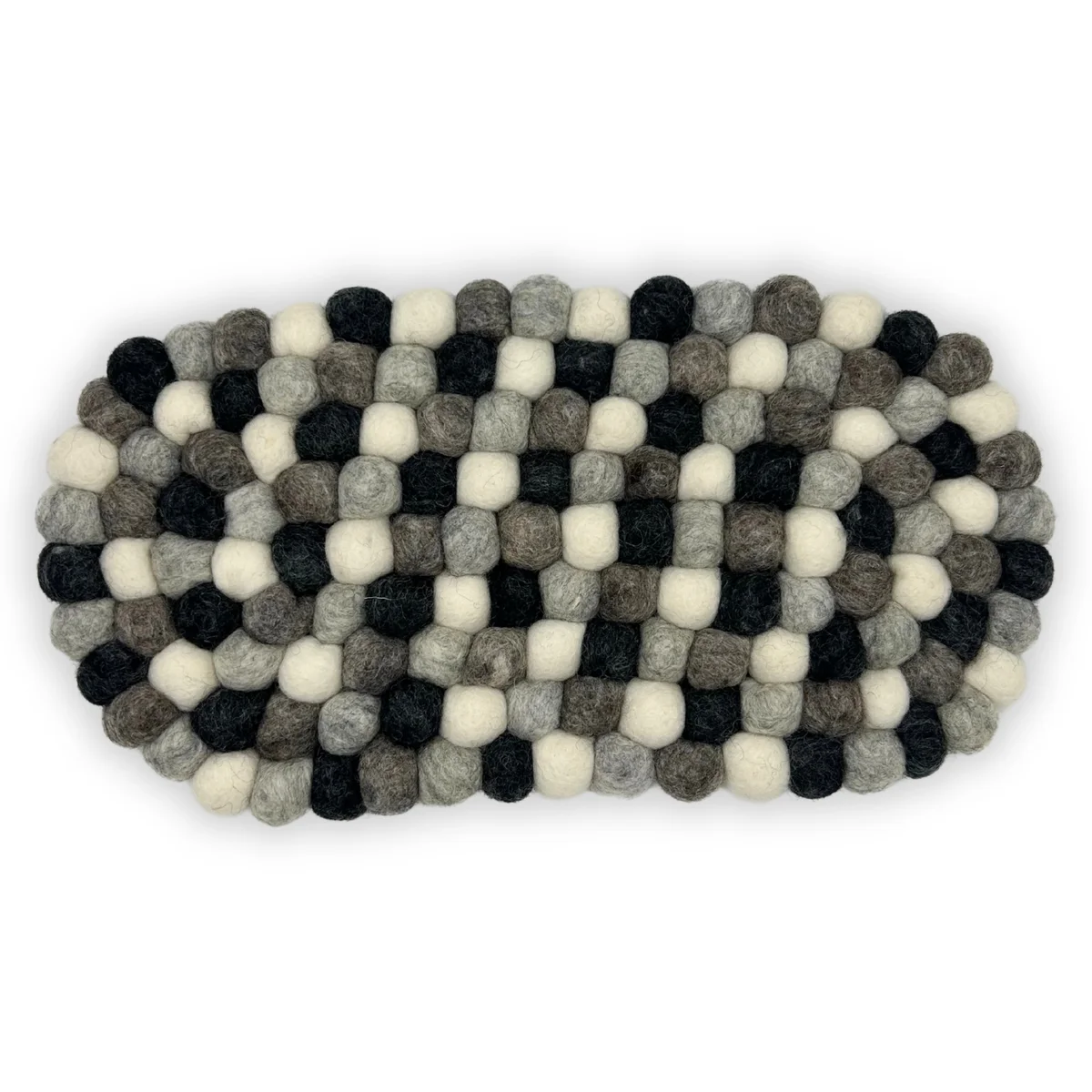 Oval felt ball centre mat in multi grey colours, showing textured surface and neat arrangement of balls