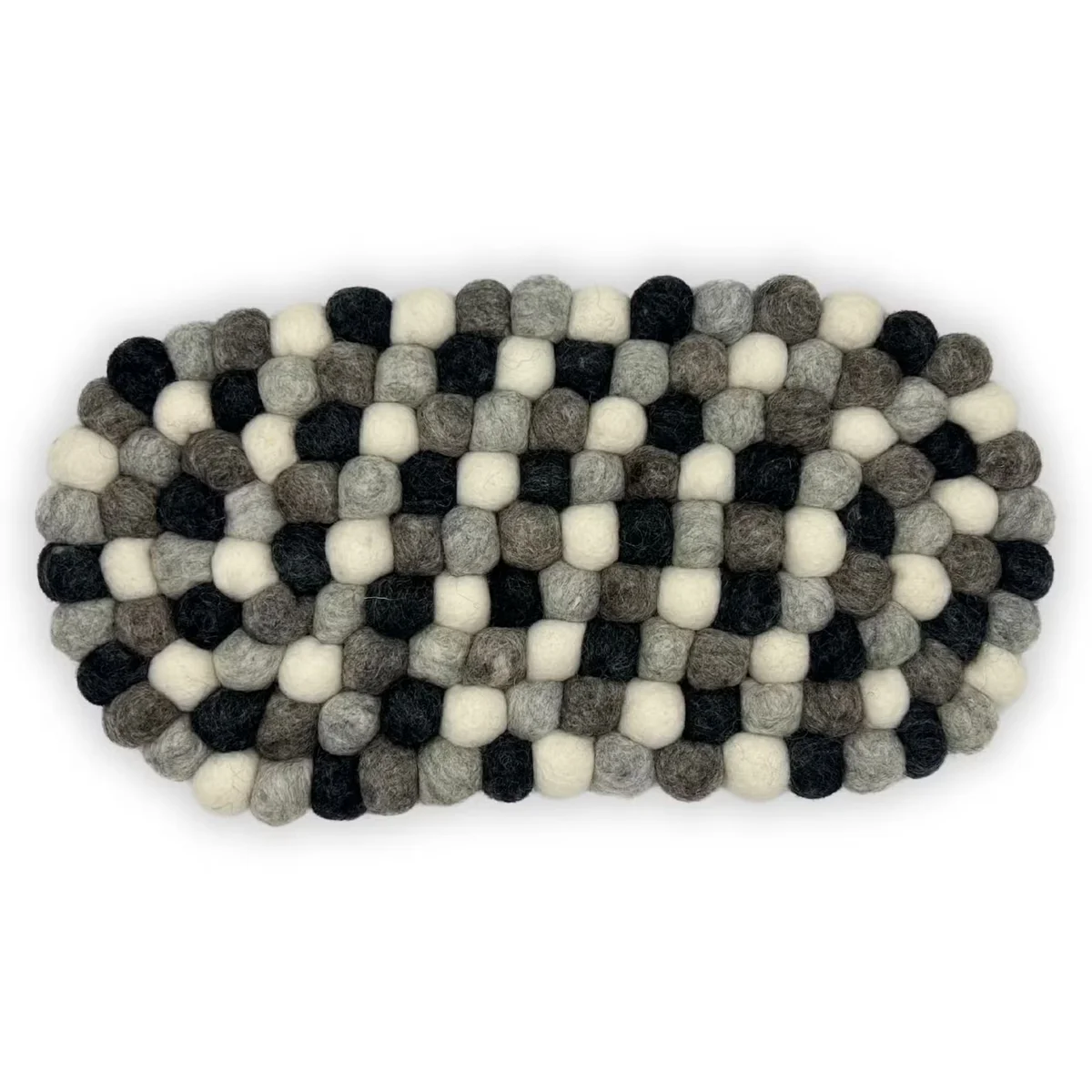 Oval felt decorative mat with multi grey coloured felt balls arranged centrally on a flat surface