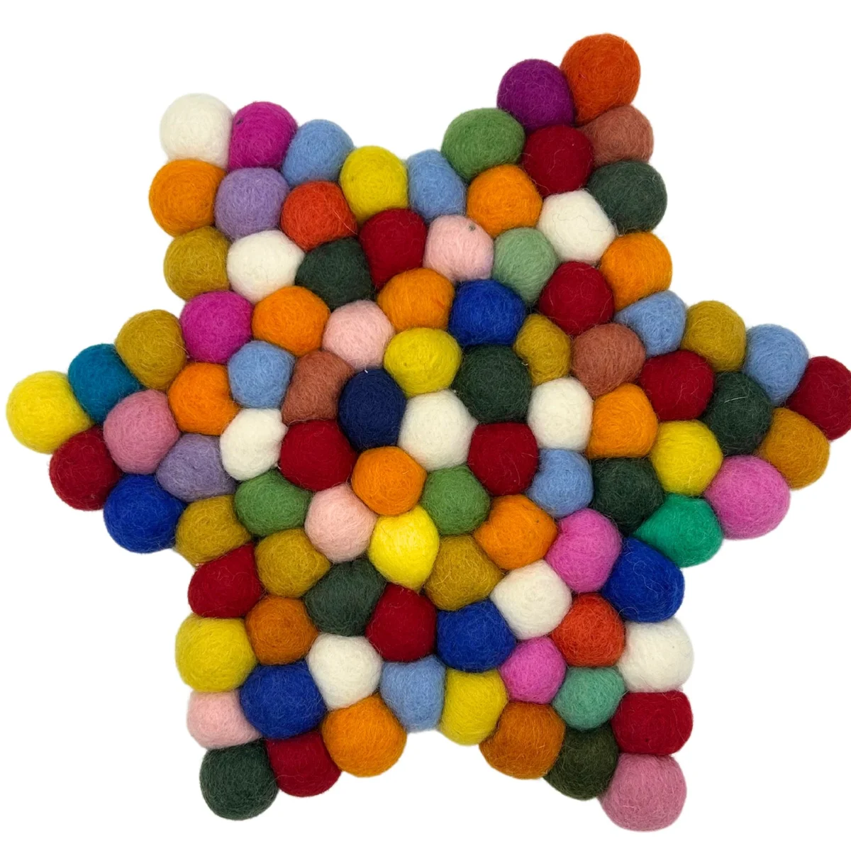 Multi-coloured felt ball centre mat shaped like a star, perfect for table decoration and protecting surfaces