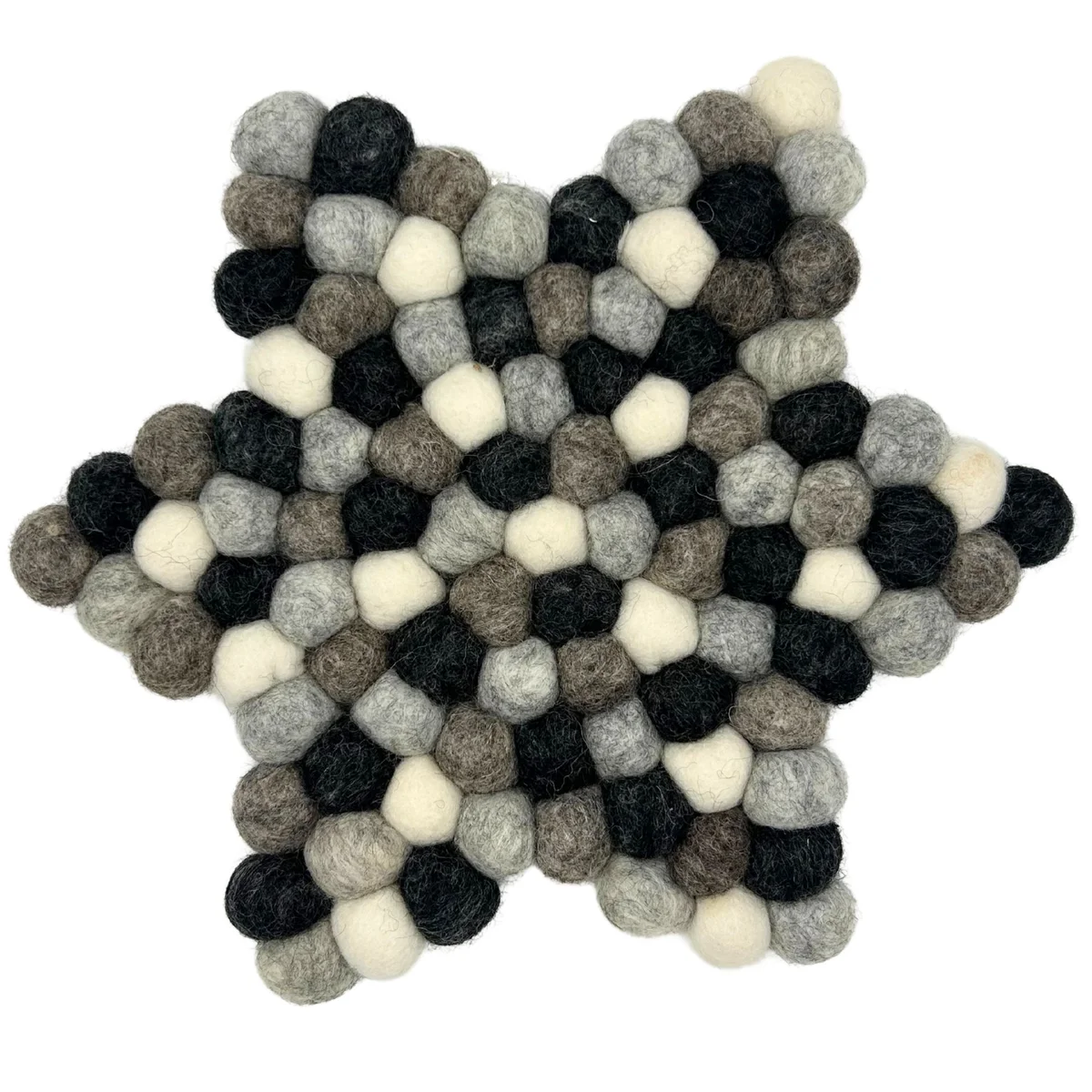 Multi grey felt ball star mat with soft textured balls arranged in a star shape on a white background