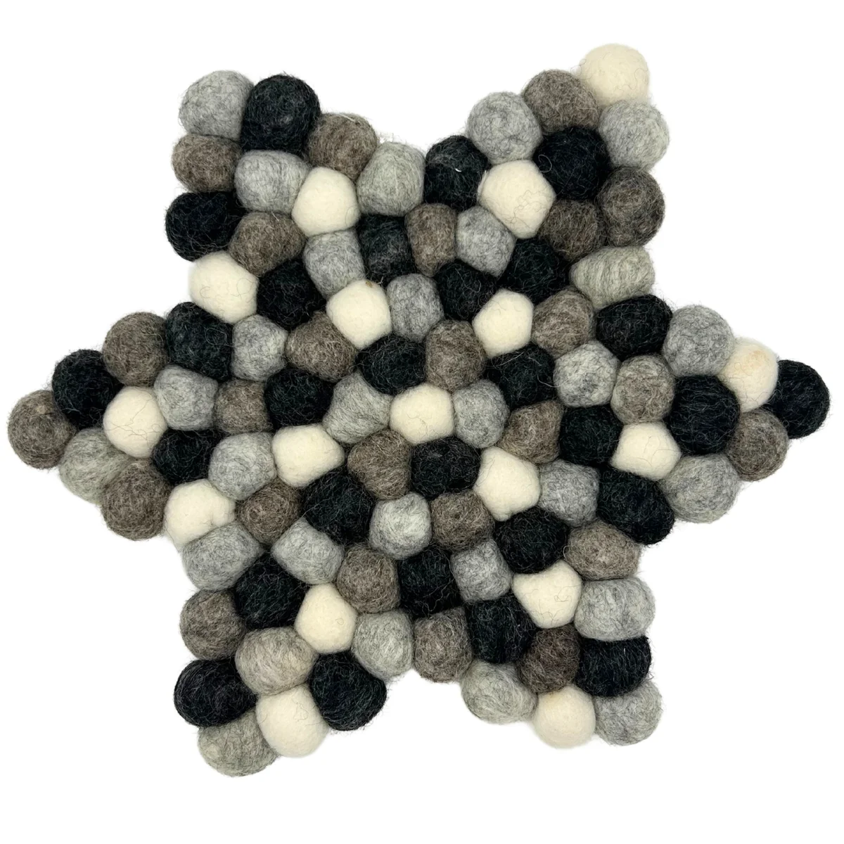 Multi grey mat with felt balls arranged in a star pattern, soft texture and neutral tones for home decor