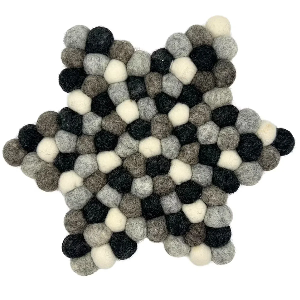 Star-shaped felt ball centre mat in multi grey colours, showcasing felt ball decor for home styling