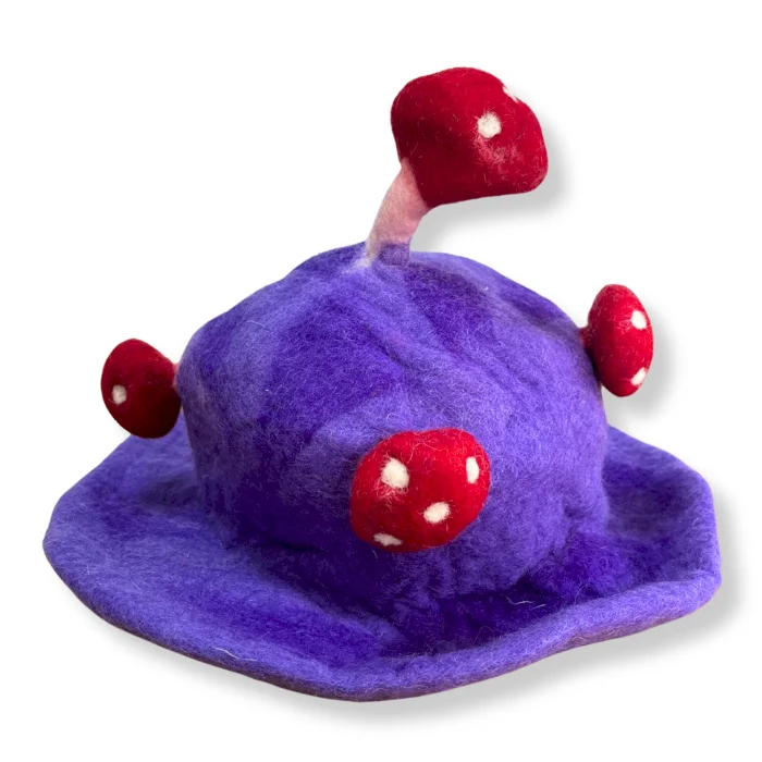Dreamy purple haze felted wool hat shaped like a mushroom, showcasing soft texture and unique design details