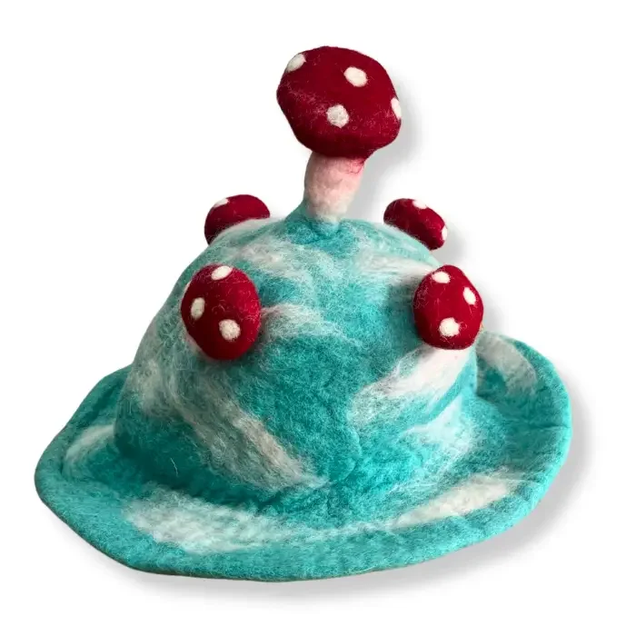 Sky blue felt hat shaped like a mushroom with soft, rounded edges and textured felt material