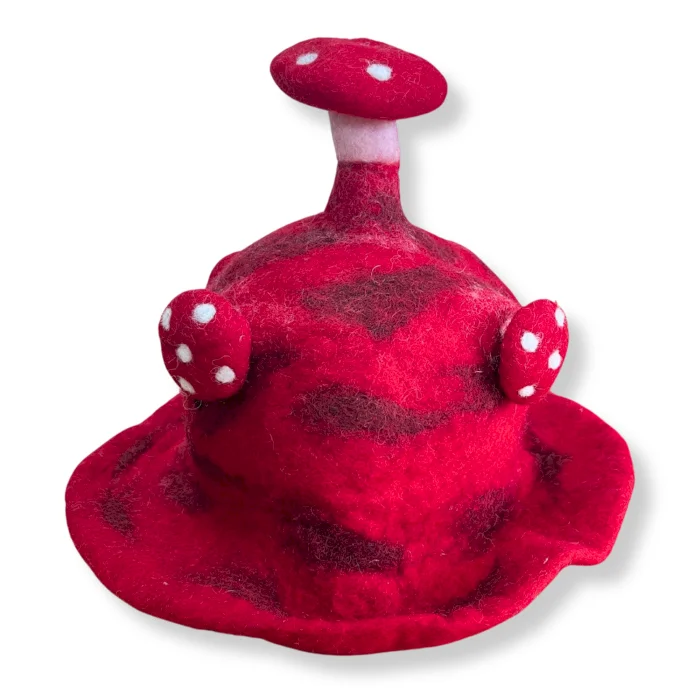Red felted wool hat shaped like a mushroom, named Rush To The Head, shown on a white background