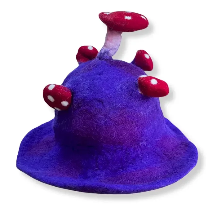Violet mushroom hat made from felt, showcasing a soft, rounded cap with a textured finish