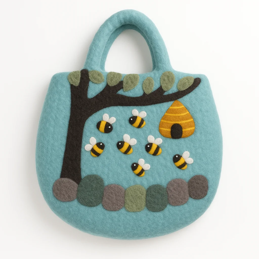 Unique felt handbag featuring tree and beehive motifs, soft brown textured bag with stitched detailing.
