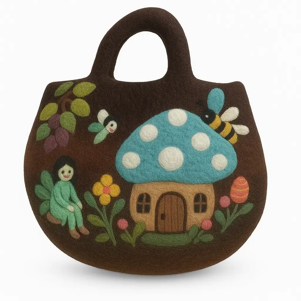 Felted handbag with whimsical fairy garden design, showcased on display stand – perfect felted handbags uk.