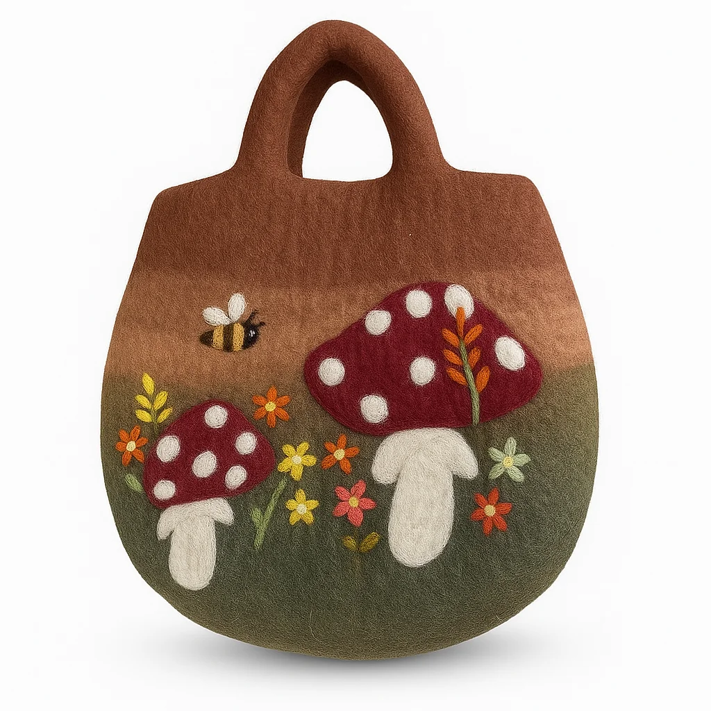 Mushroom‑shaped felted bag with green textured surface, presented as a garden handbag.