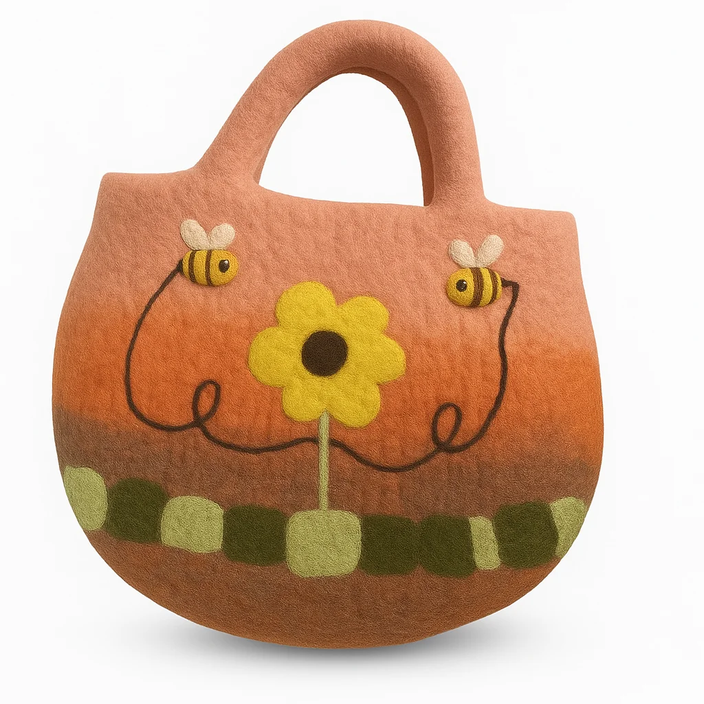 Bees felted bag with sunflower and bee pattern on a soft felt background