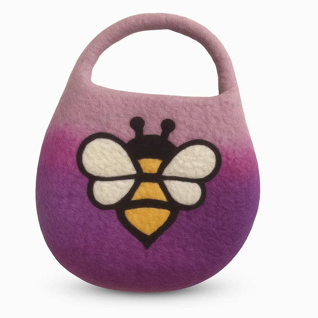 Lavender shade handbag featuring a water‑felted bee print, single handle with magnet closure, basket‑like texture