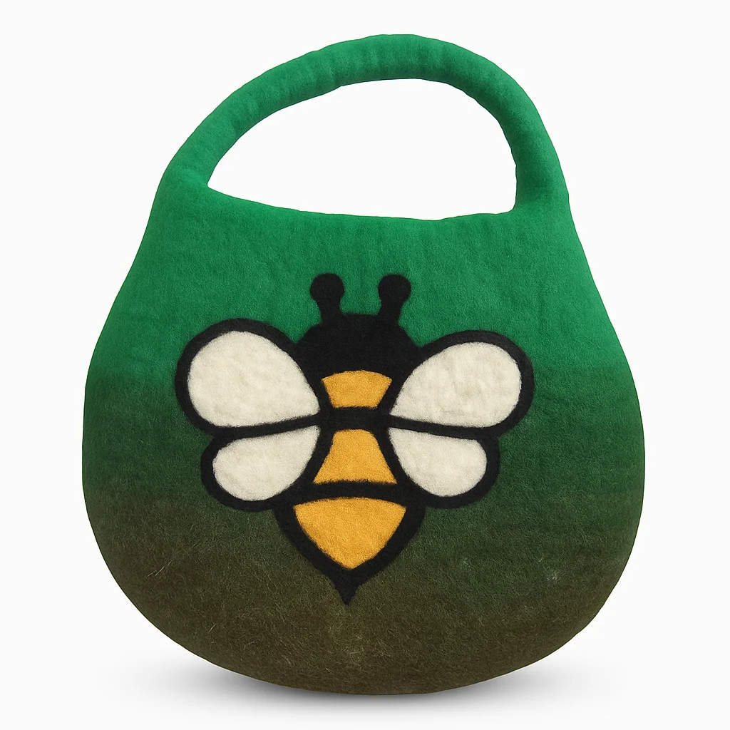 Water felted bee bag in garden greens, one handle bag with attached magnet