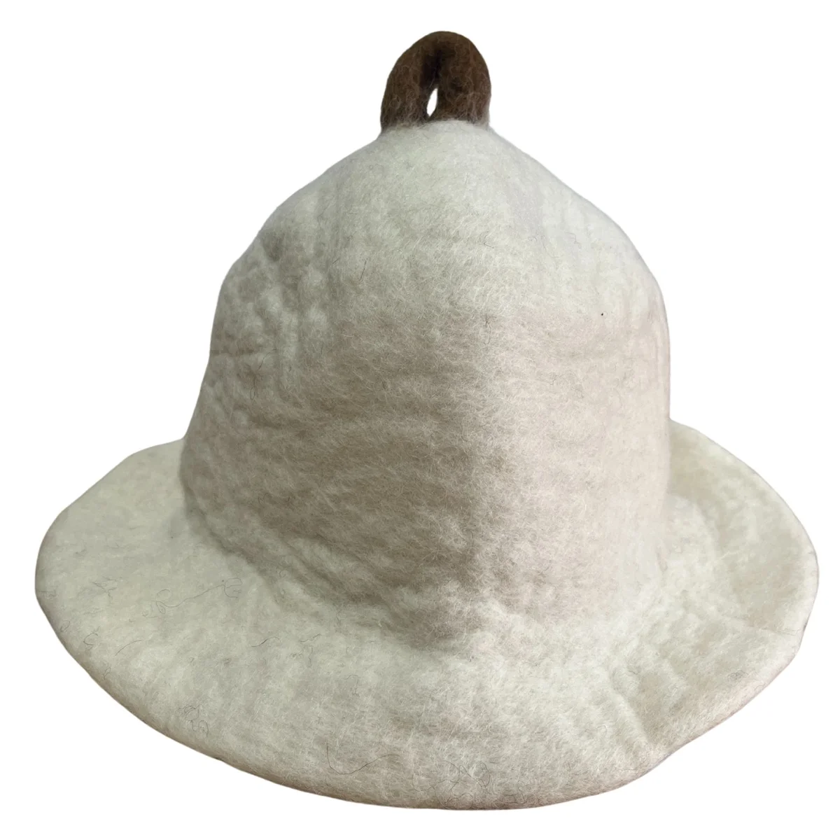 Felted sauna hat in natural colour, bowl-shaped design.