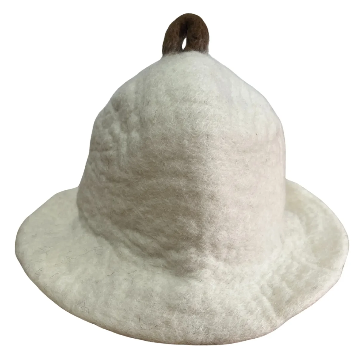 Felted natural sauna hat with a rounded bowl shape and soft textured finish