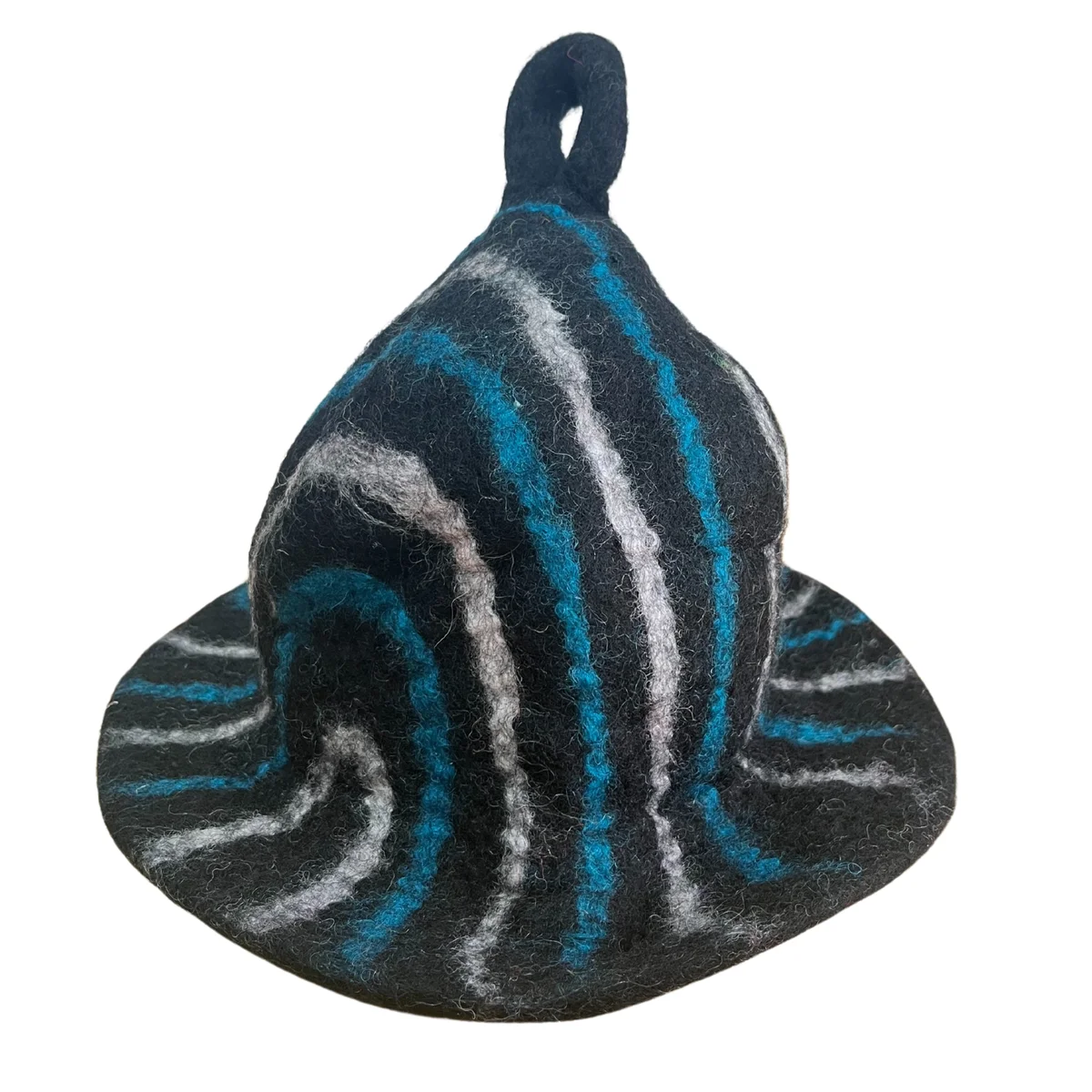 Black blue sauna hat made from felt, featuring a black base and blue streaks in a bowl shape.