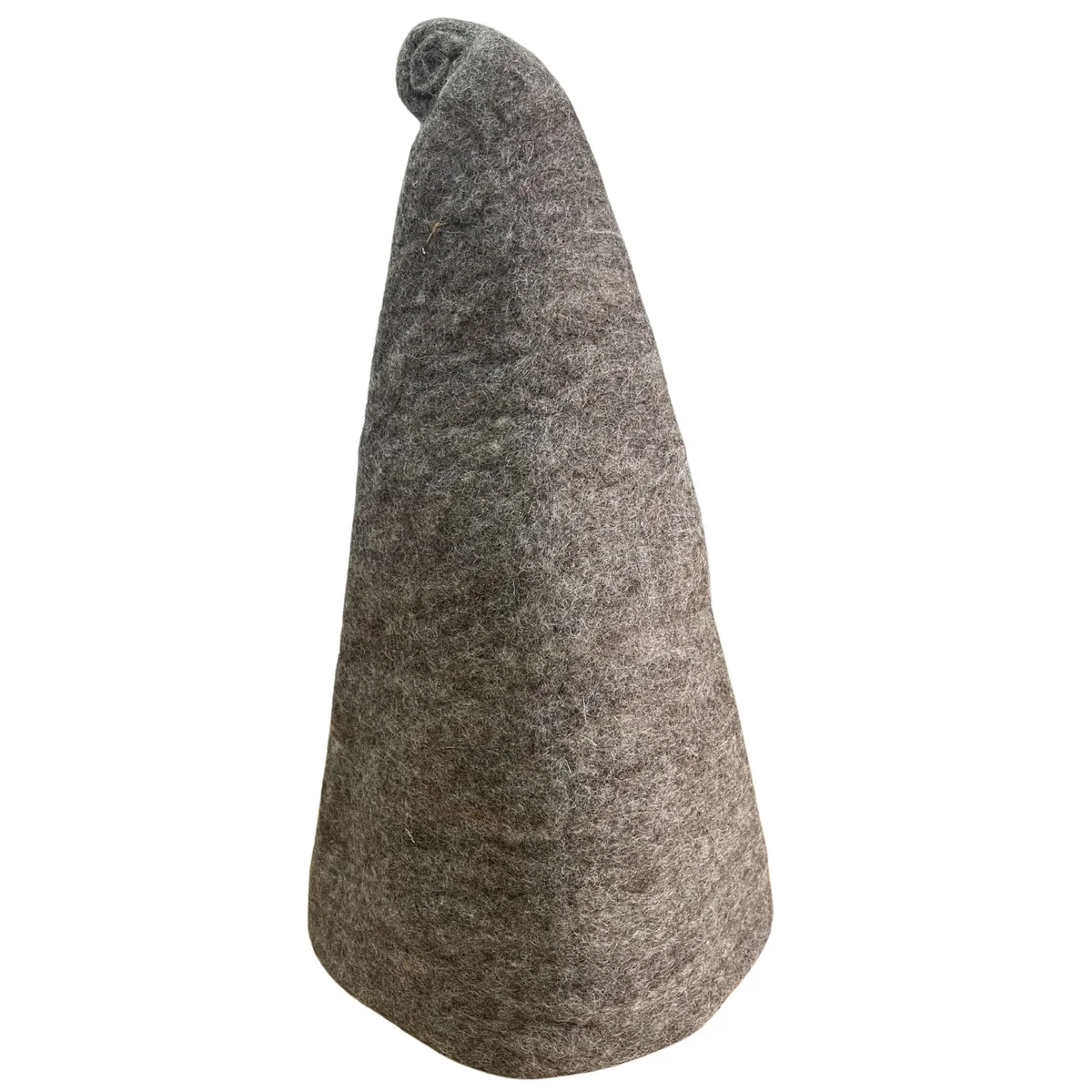 Natural brown felted sauna wizard hat, shown on a mannequin, showcasing its soft felt texture and brim.