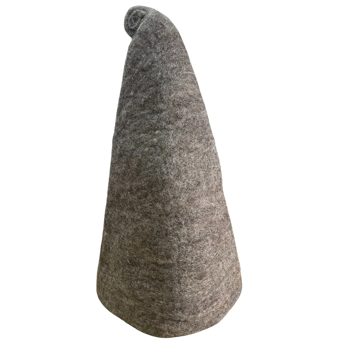 Felted sauna wizard hat in natural brown shrink-wrapped for a cozy, magical look.