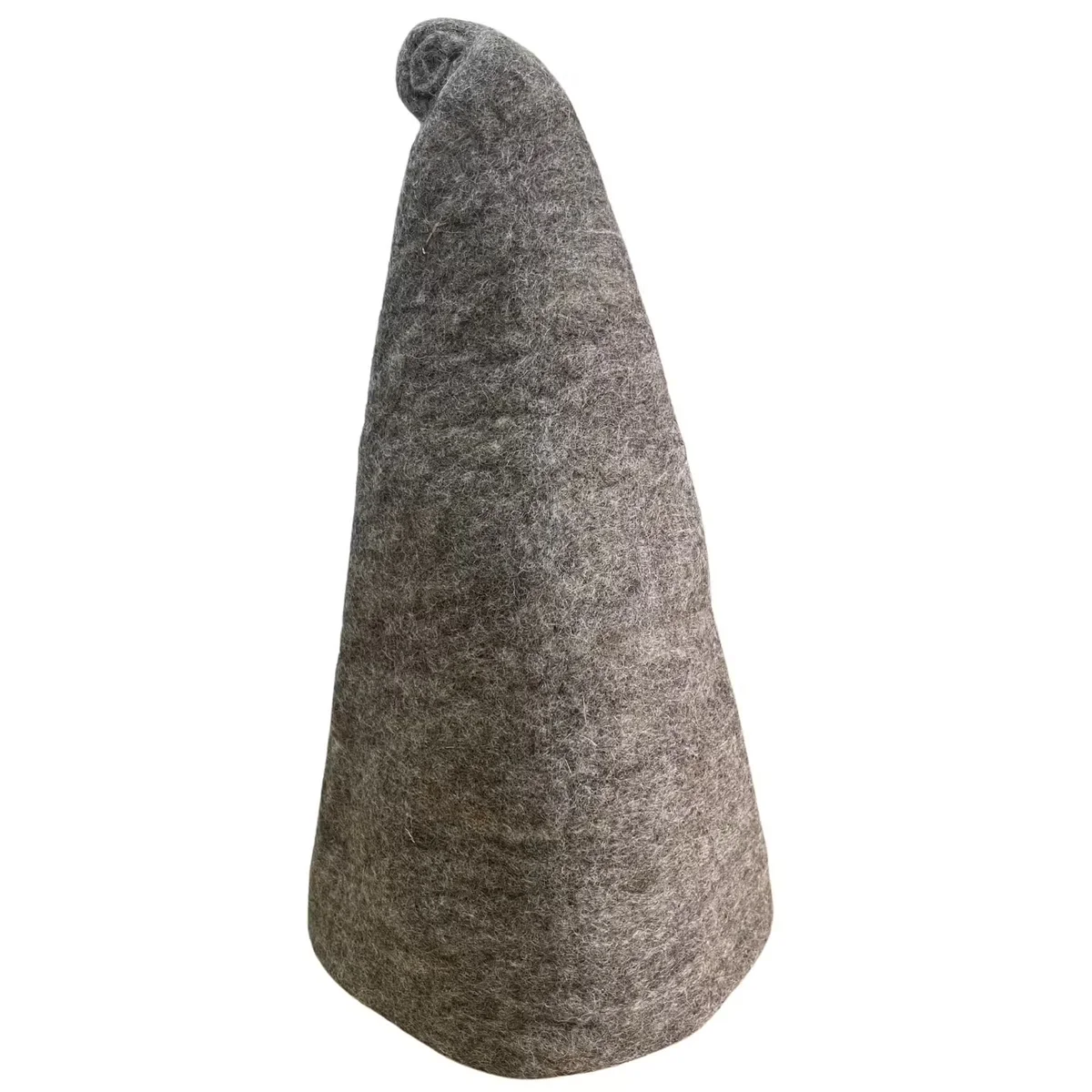 Natural brown felt sauna cap styled as a wizard hat, brimless and soft felt, worn upright on mannequin head
