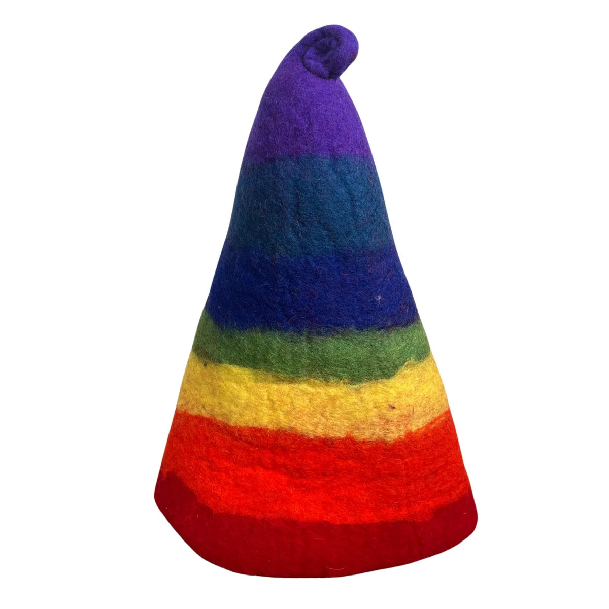 Rainbow sauna hat, a felted wizard hat in vibrant color stripes, perfect for sauna use.