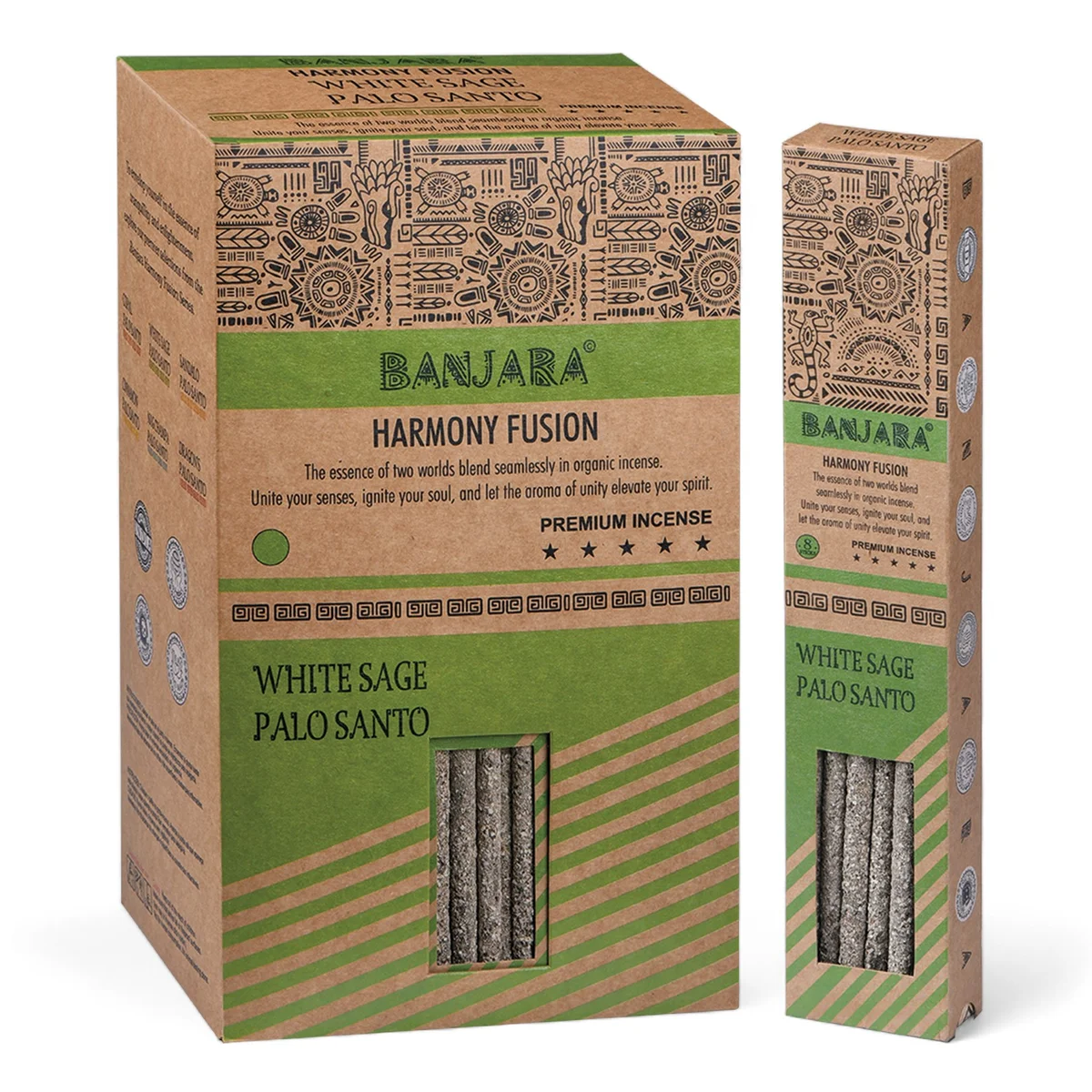 Banjara Palo Santo incense sticks bundled with white sage leaves on a white background for smudging rituals