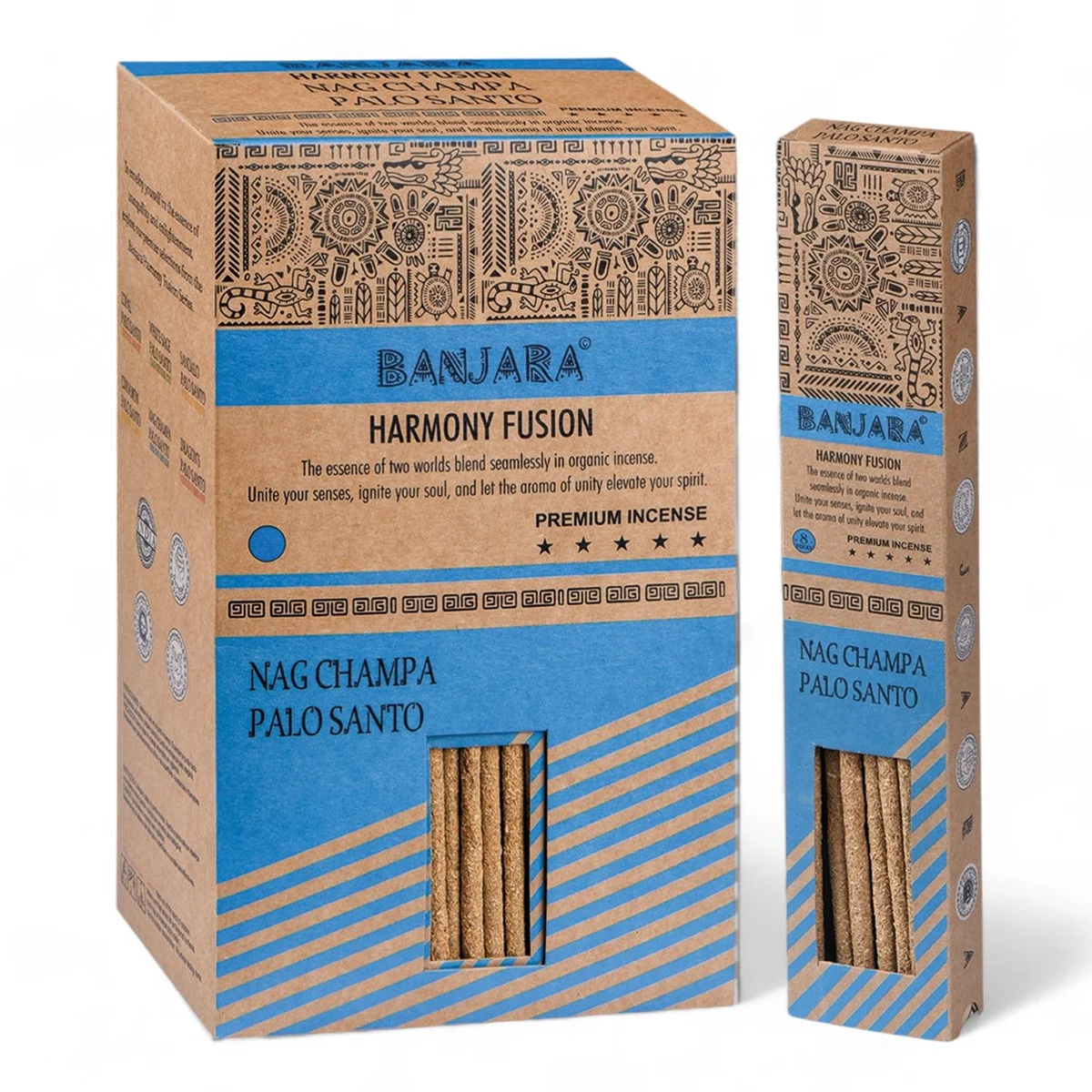 Banjara Palo Santo smudge sticks bundled with Nag Champa label on white background