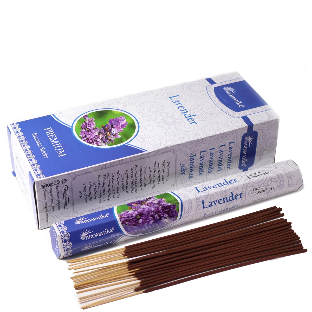 Lavender-scented Aromatika charcoal free incense sticks arranged hexagonally on a white background