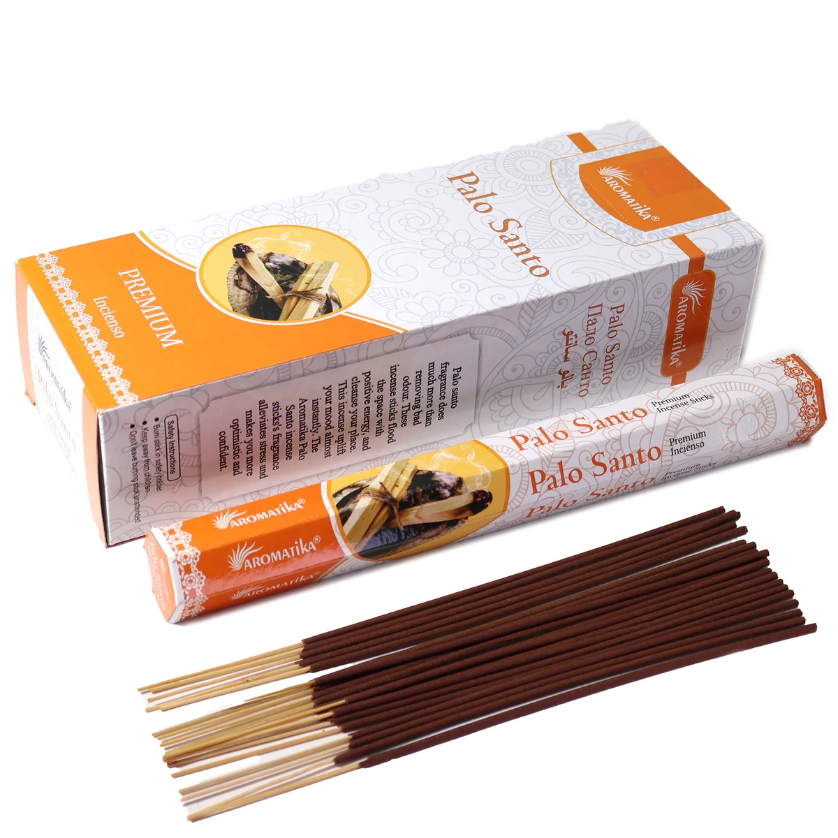 Hex-shaped box of Aromatika Palo Santo natural incense sticks with charcoal-free label on white background