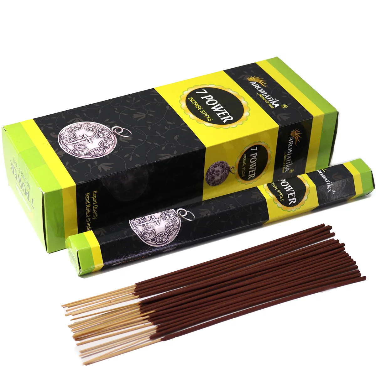Aromatika Charcoal Free Hex Incense box with 7 Powers incense sticks arranged beside it on a white background