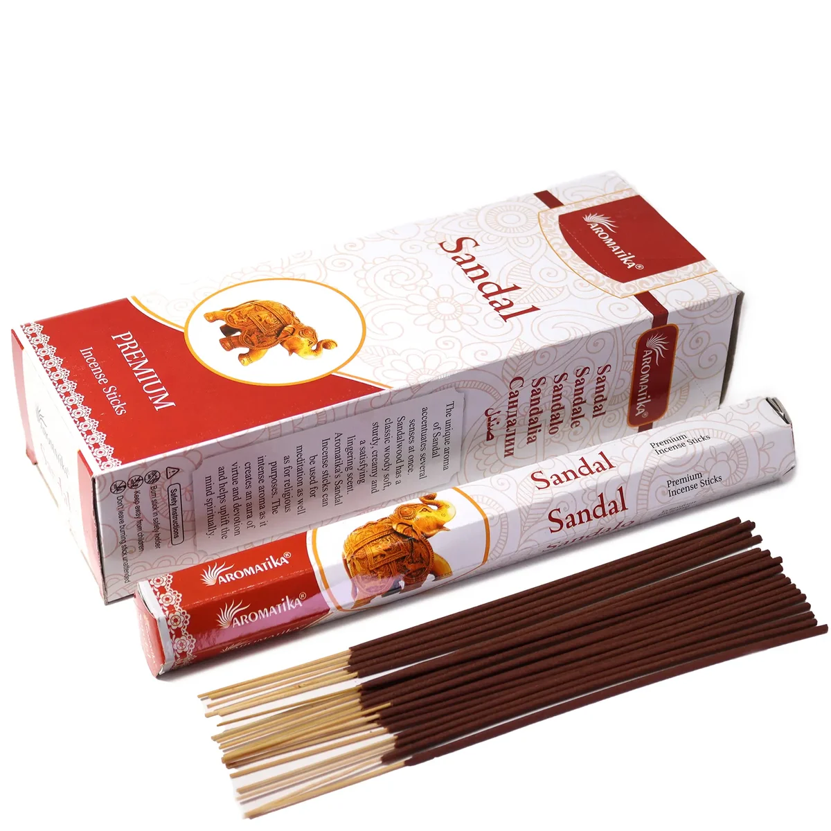 Aromatika sandal incense hexagonal box with charcoal-free sticks arranged beside it on a white background