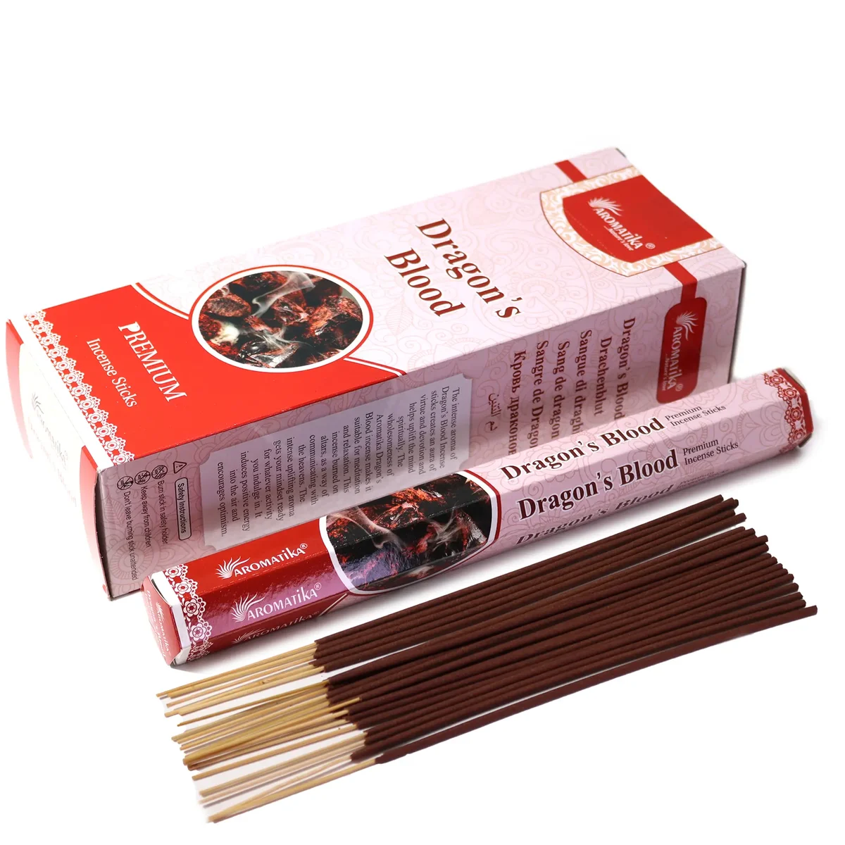 Box of Aromatika Charcoal Free Hex Dragons Blood Incense sticks with decorative packaging on white background
