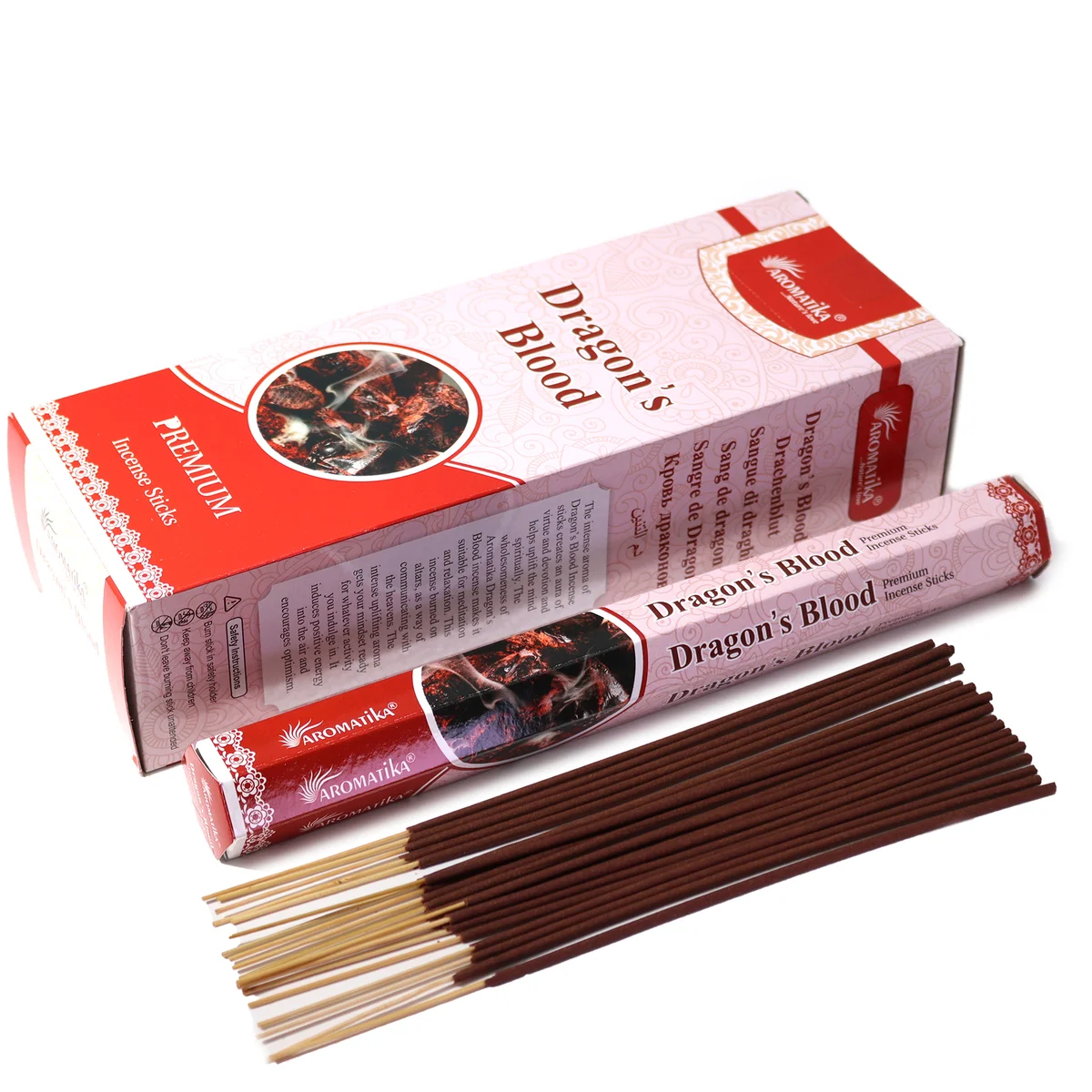 Aromatika incense sticks packaging for Charcoal Free Hex Incense Dragons Blood scent shown on white background
