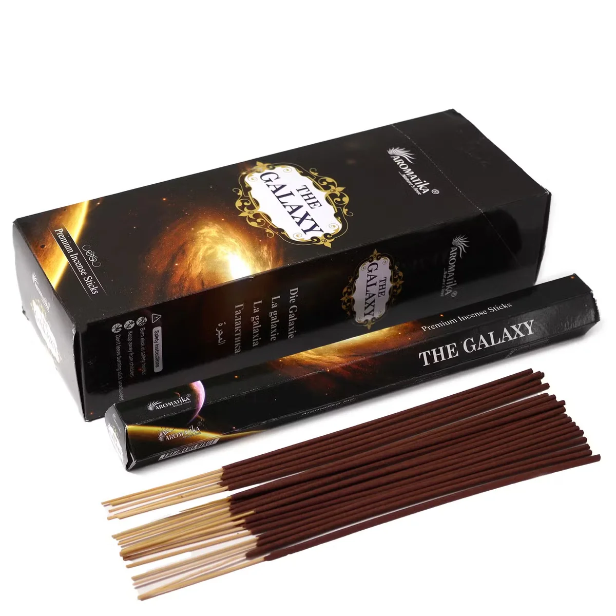 Aromatic charcoal free hex incense sticks in The Galaxy scent with colorful cosmic packaging displayed on a white background