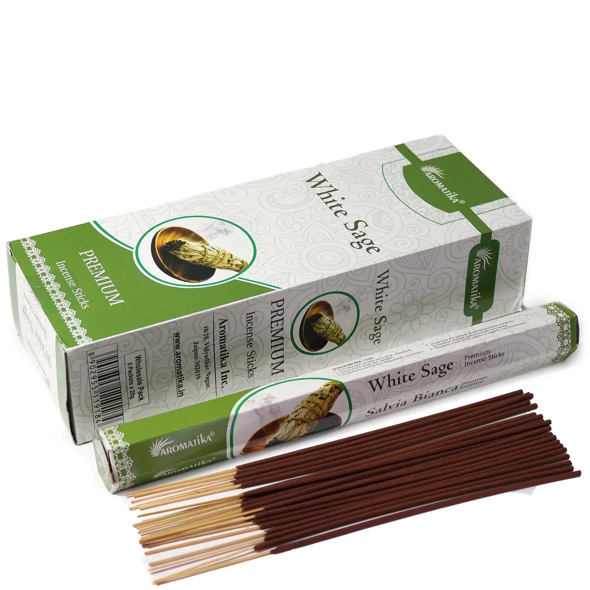 Aromatika charcoal free hex incense sticks in white sage scent with packaging showing white and green design