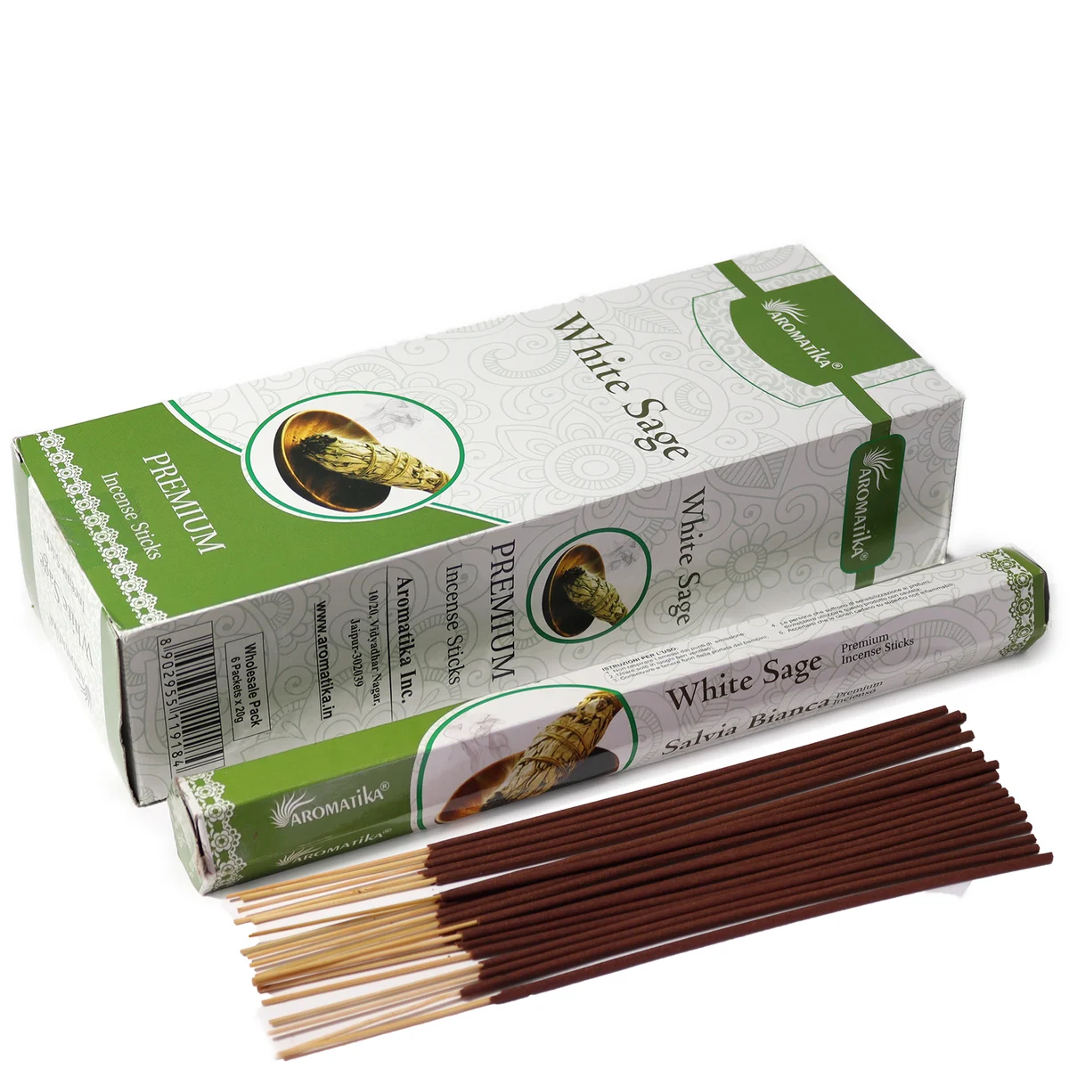 Aromatika charcoal free hex incense sticks in white sage scent displayed with natural incense sticks packaging