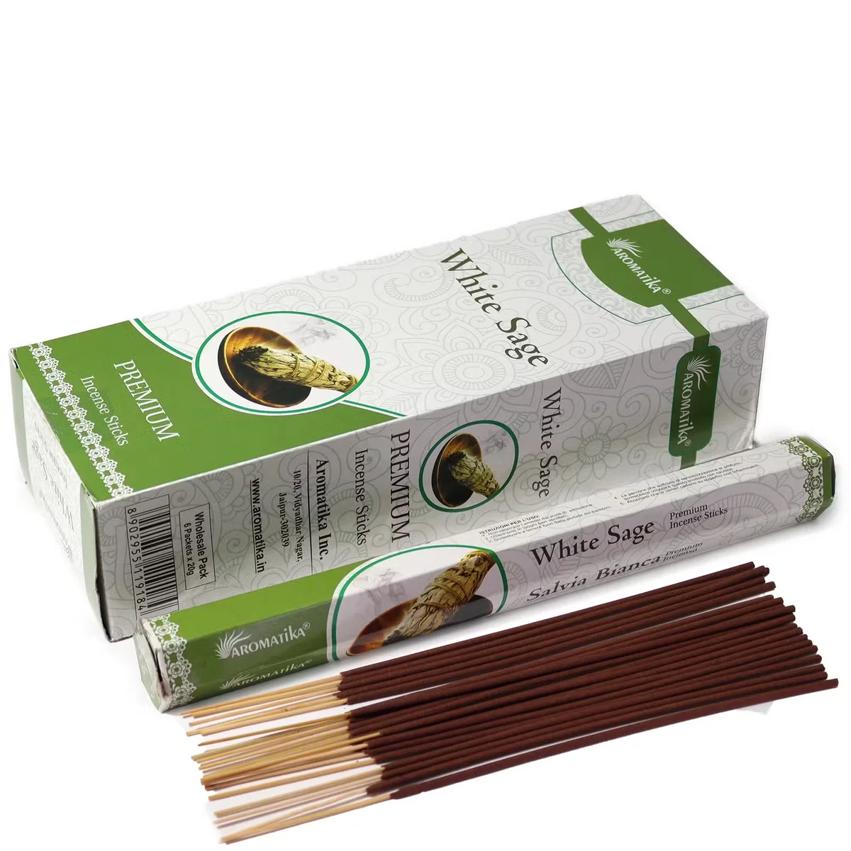 Hex incense sticks in white sage scent from Aromatika, charcoal free packaging shown on a plain background