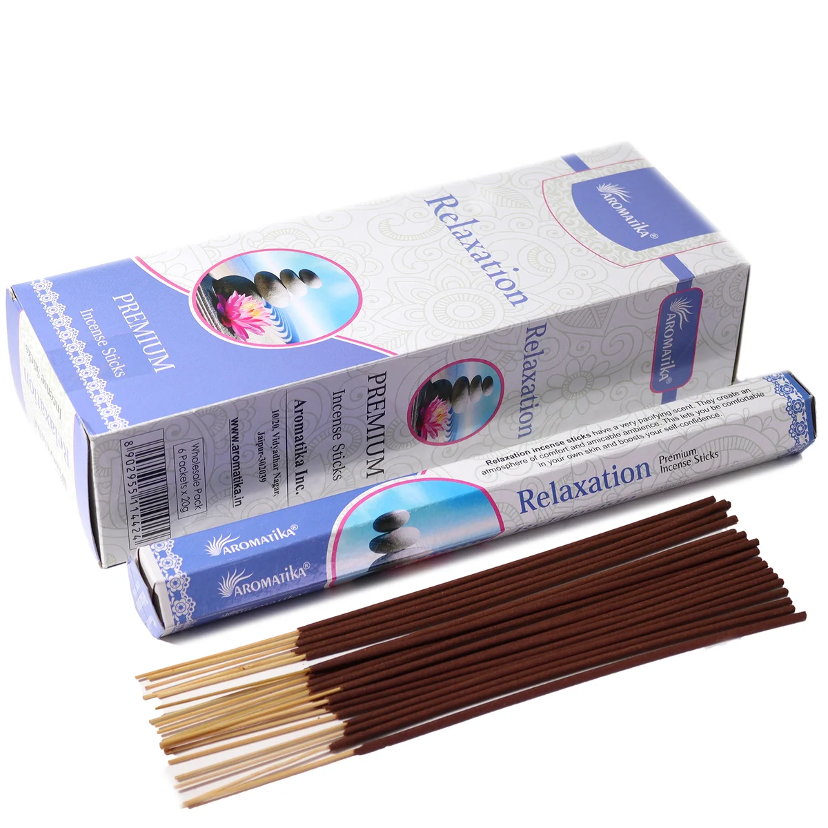 Aromatika incense hex box with charcoal-free relaxation incense sticks arranged beside it on a white background