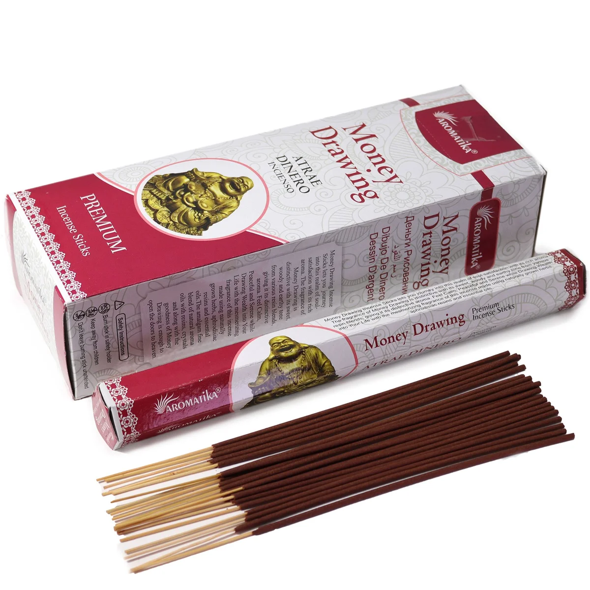 Aromatika Money Drawing charcoal free incense sticks in hexagonal packaging on white background
