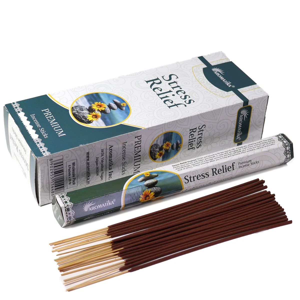 Hex-shaped Aromatika charcoal free incense sticks for stress relief in simple packaging on a white background