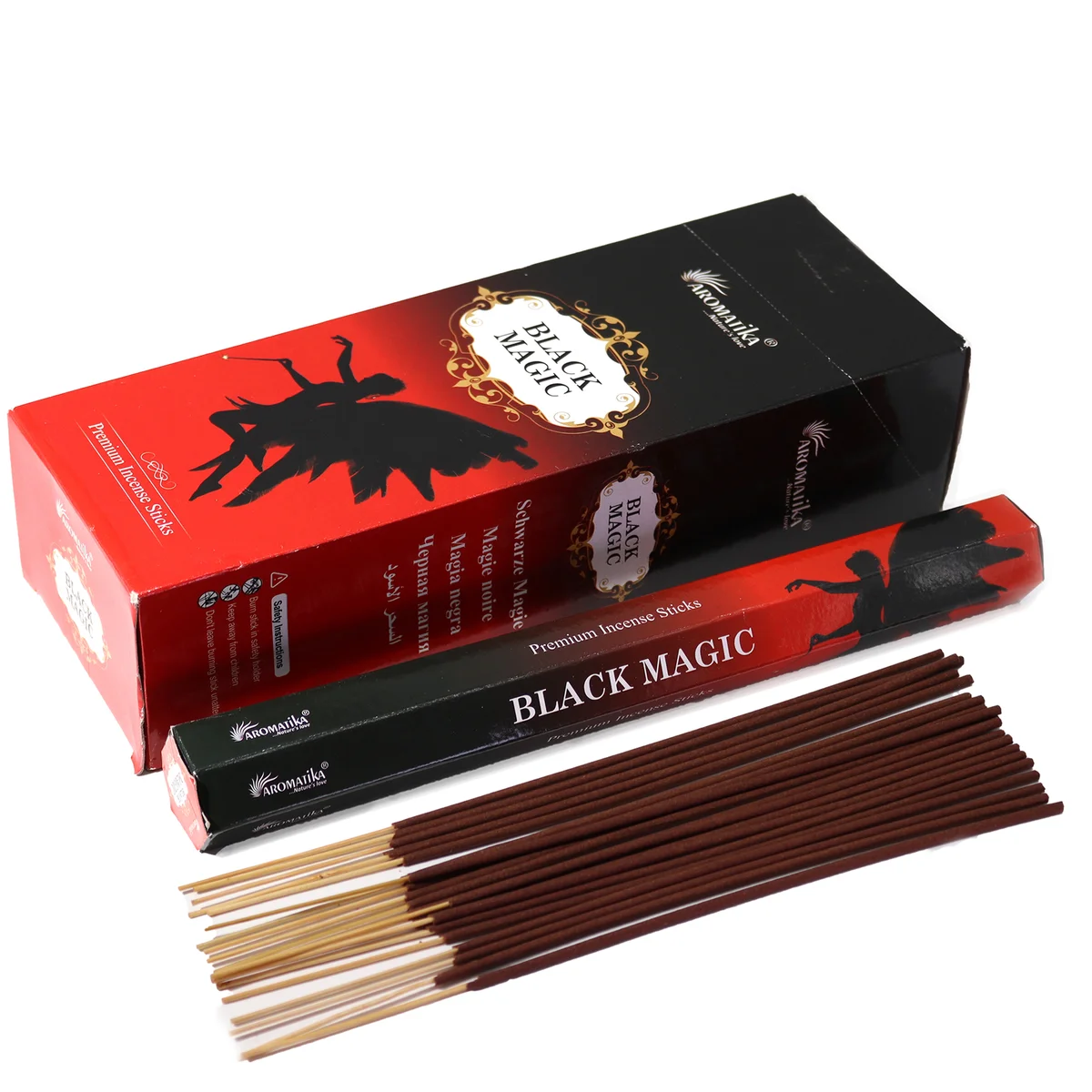 Box of Aromatika Charcoal Free Hex Incense in Black Magic scent with black and purple packaging on white background