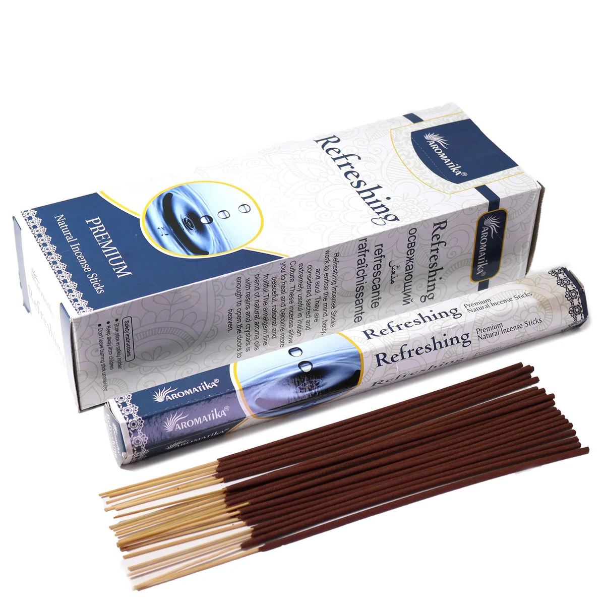 Aromatika Refreshing charcoal free incense sticks in hexagonal packaging on white background