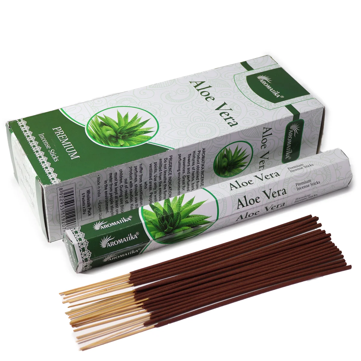 Hex-shaped aloe vera natural incense sticks from Aromatika, charcoal free, arranged on a white background