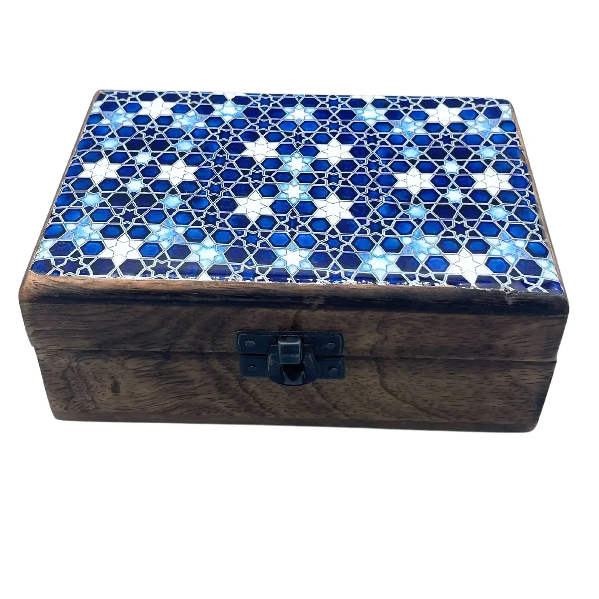 Medium storage box with blue star pattern, ceramic glaze, wooden base.