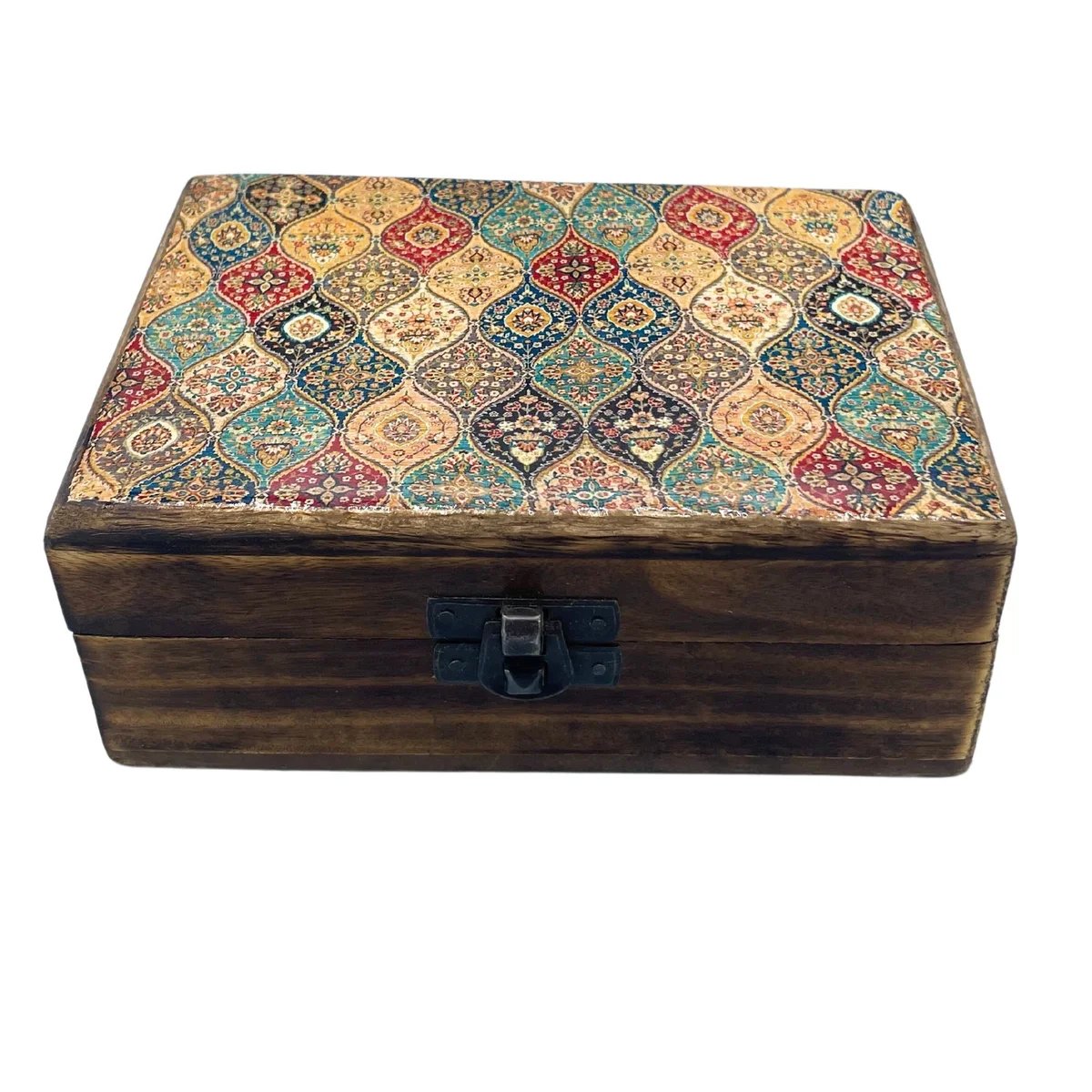 medium ceramic box painted with glazed blue finish, smooth texture, rounded edges and a wooden handle, featuring a traditional pattern design.