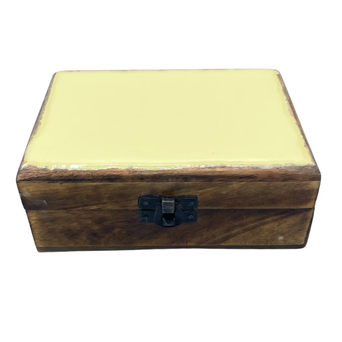 Medium ceramic glazed wood box, 15 × 10 × 6 cm, concrete colour, displayed on a wooden surface