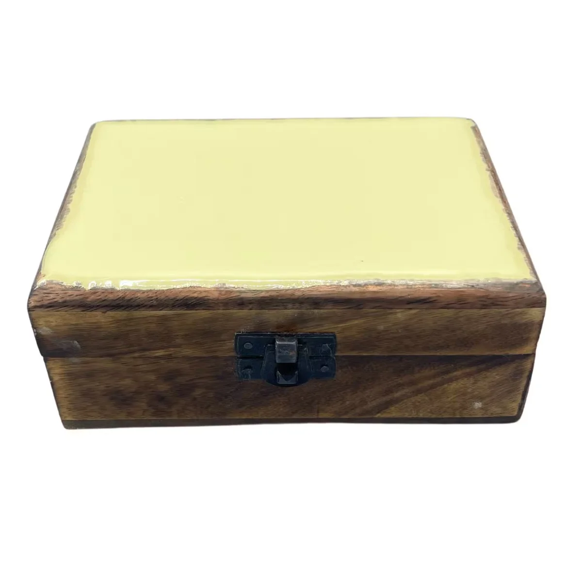 Concrete‑colored medium ceramic glazed wood box, decorative storage box, 15x10x6cm.