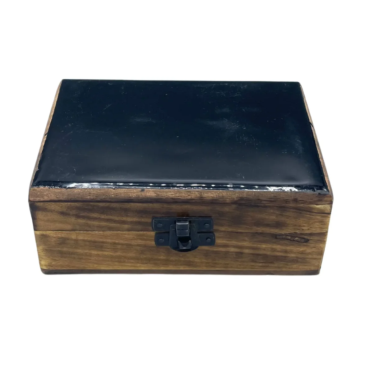 Ceramic glazed box showcasing a medium wooden box with black glaze, dimensions 15x10x6 cm