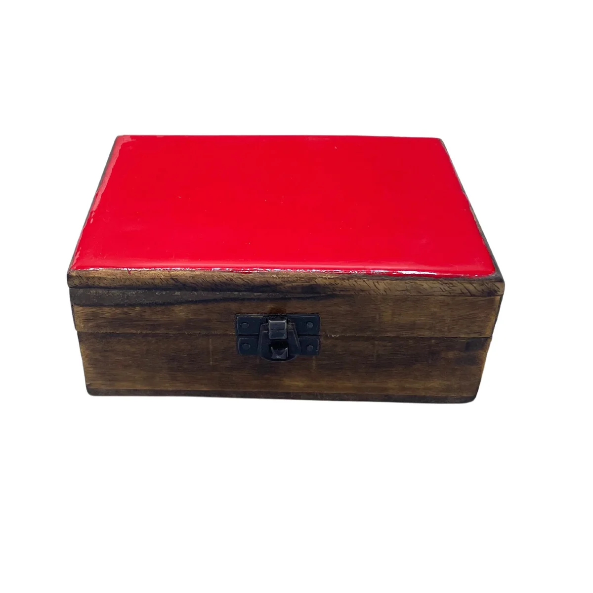 Ceramic wood box in red, glazed finish, 15x10x6cm, medium size.